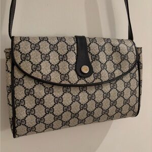 Gucci Beige Monogram GG Canvas Shoulder Bag with Black Trim